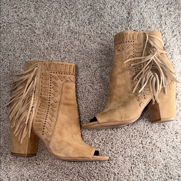Rebecca Minloff Women’s Tan Suede Fringe Peep-Toe Block Heel Booties - Picture 3 of 4